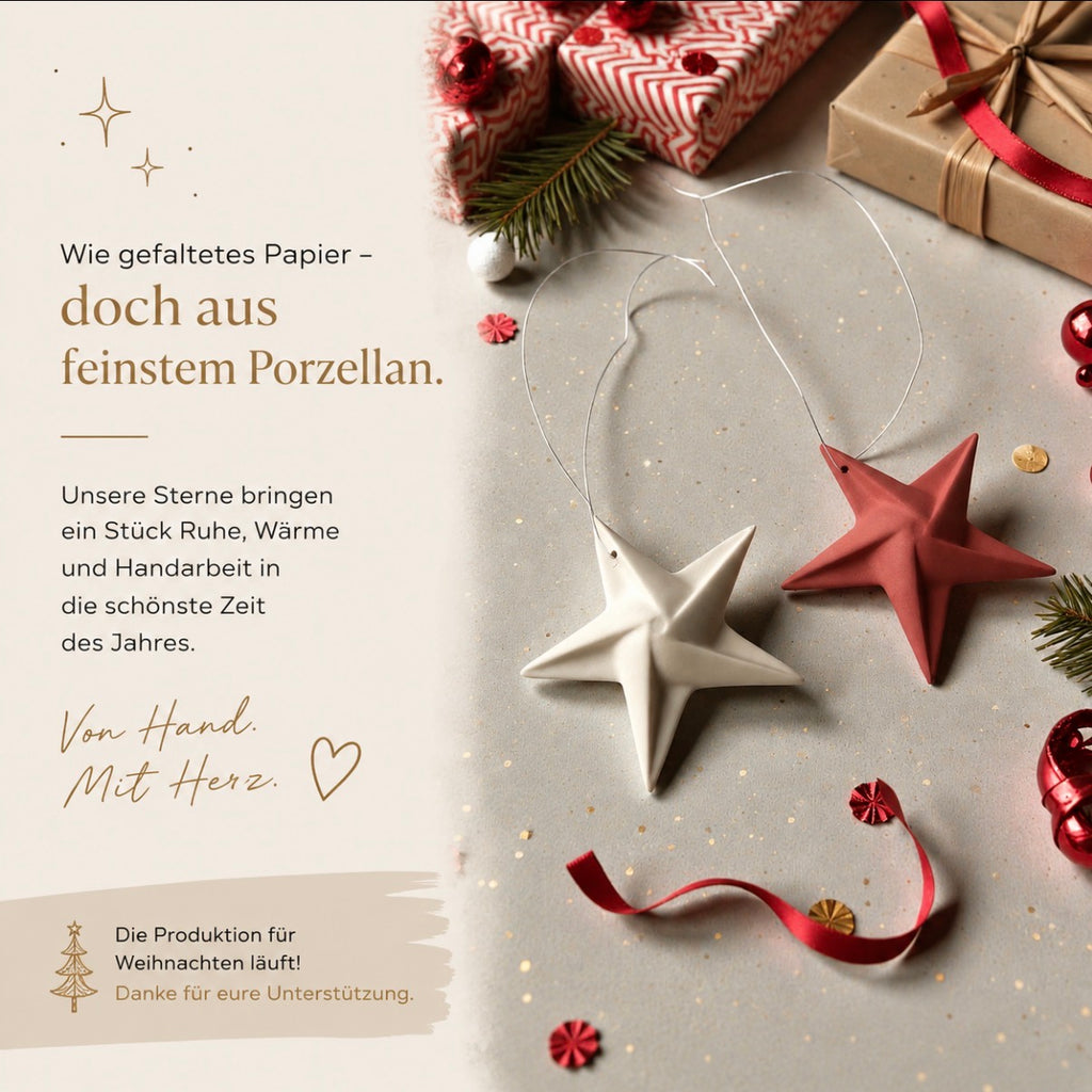 Handgefertigter Porzellan Stern Anhänger | Origami Papierstern | Weihnachtsanhänger als kleines Geschenk
