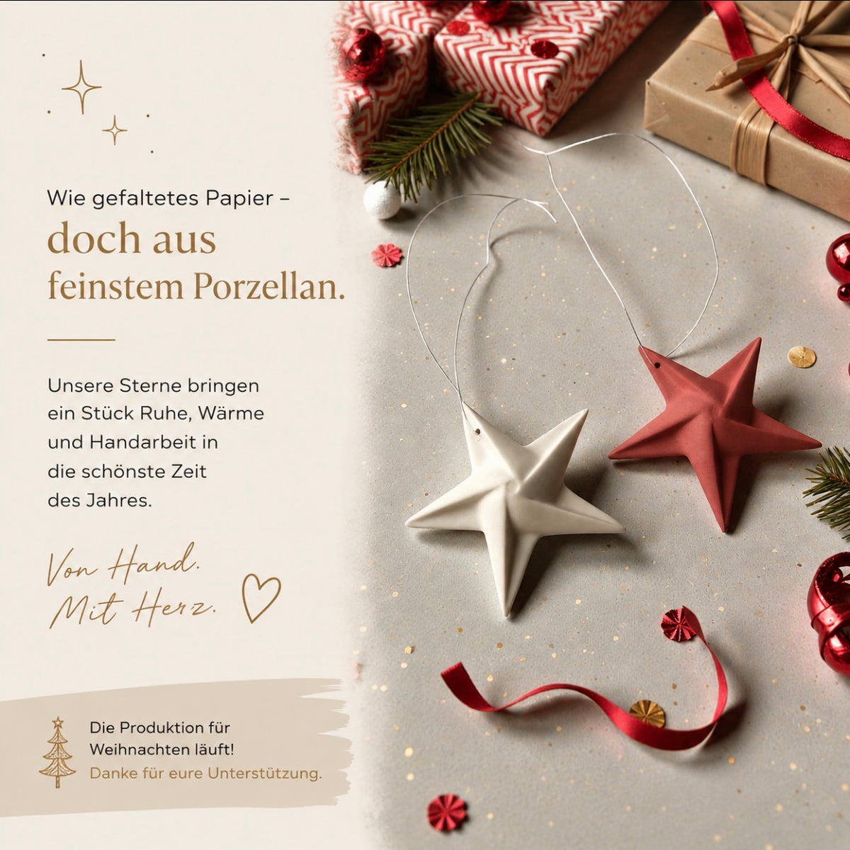 Handgefertigter Porzellan Stern Anhänger | Origami Papierstern | Weihnachtsanhänger als kleines Geschenk